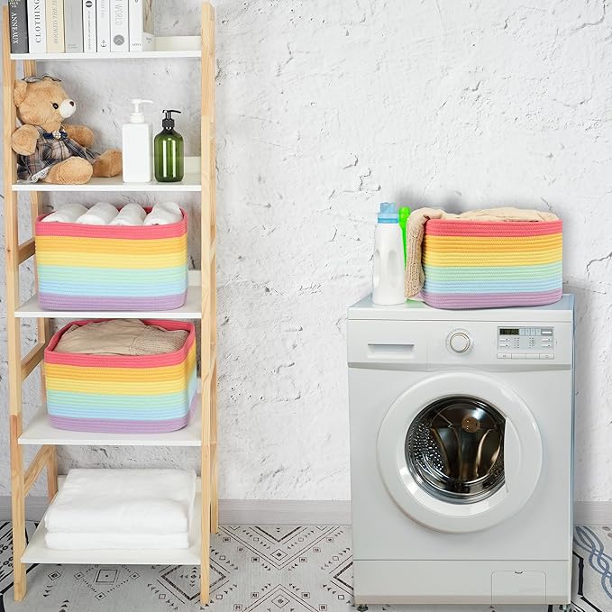 3-Pack Rainbow Storage Baskets 14.5X9.5X9.3“ – Woven Toy Organizer Bins for Kids, Baby Room, Nursery, and Classroom – Cute Square Rope Baskets for Shelves and Organization Rainbow-CasaMuseHome