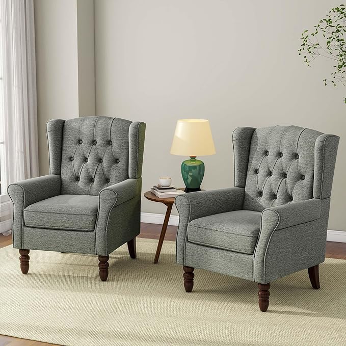 Accent Chair, Upholstered Armchair with Button Tufted High Back & Solid Wood Legs, Comfy Wingback Reading Single Sofa Chair for Small Spaces, Living Room, Bedroom (Grey, Set of 2)-CasaMuseHome
