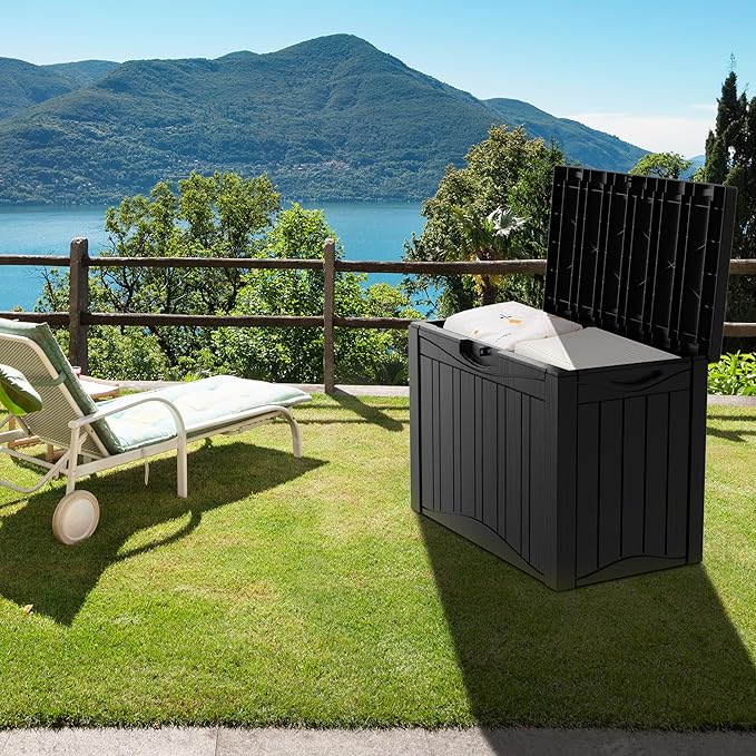 45 Gallon Outdoor Storage Box Waterproof Lockable Resin Deck Box Large, Patio Storage Bin for Pool Accessories Cushion Furniture, Garden Tools, UV-Resistant Outside Delivery Black-CasaMuseHome