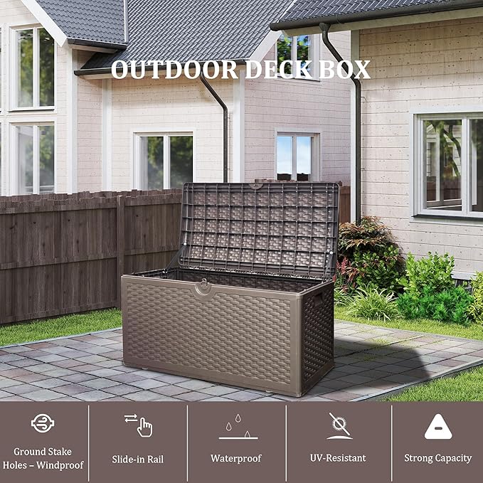 80 Plus Gallon Outdoor Storage Box, Waterproof Resin Deck Box Outdoor Storage Bin for Patio, Poolside, and Garden, Lockable & UV-Resistant, Ideal for Small Spaces, Brown-CasaMuseHome