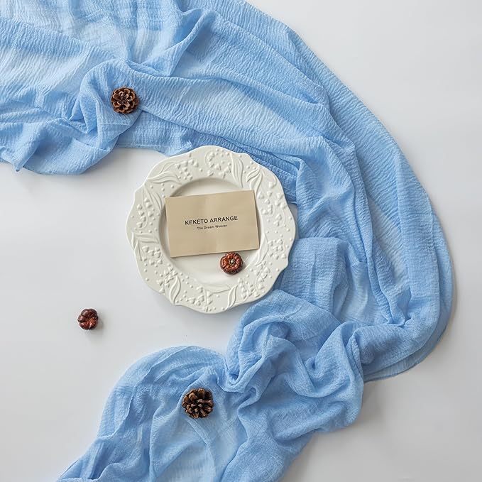 6pcs Light Blue Gauze Rustic Cheesecloth Table Runner 120 Inch 10 FT for Wedding Baby Shower Bridal Shower Birthday Engagement Garden Outdoor Party Long Sheer Boho Decorations-CasaMuseHome