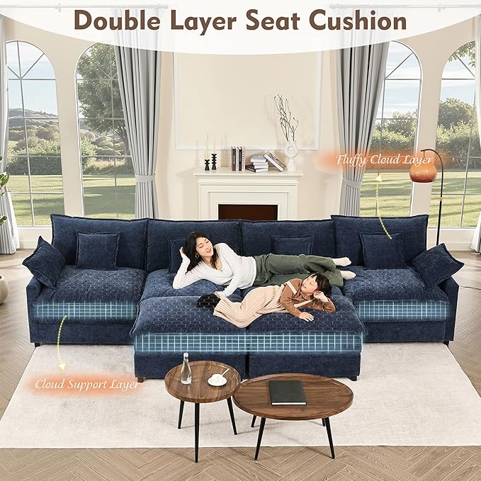 142.5" U Shaped Couch, Modular Sectional Sofa, 3-Seater Comfy Cloud Couch with Movable Ottoman, Deep Seat Couches for Living Room, Chenille, Navy-CasaMuseHome
