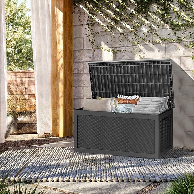 320 Gallon Lockable Resin Deck Box, Waterproof & UV-Resistant Outdoor Storage Box for Outdoor Cushion Storage, Garden Tools & Pool Accessories Storage, Black-CasaMuseHome