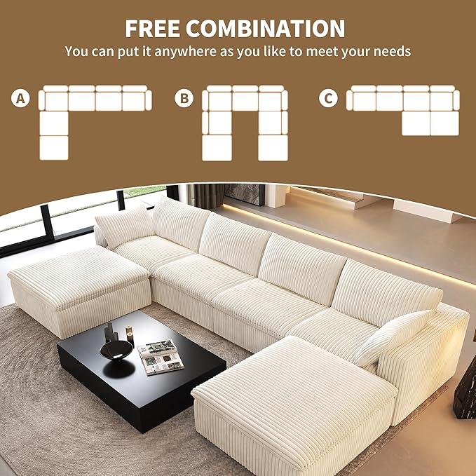 157.5" U Shaped Modern Sofa Modular Sectional Cloud Couch with 2 Ottoman,Deep Seat Upholstered Couches with Corduroy Fabric for Living Room Furniture,Bedroom and Apartment,No Assembly Required,White-CasaMuseHome