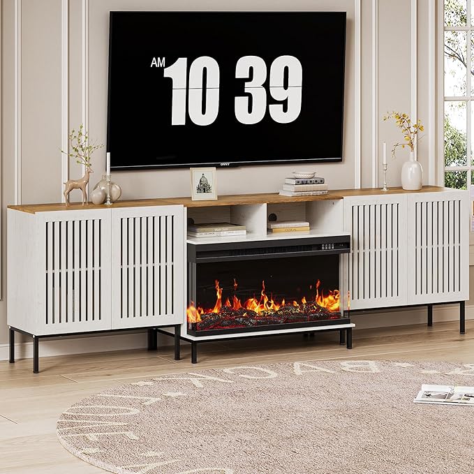 3-Sided Glass Farmhouse Fireplace TV Stand for TVs Up to 100 Inch, Entertainment Center with 36" Electric Fireplace, TV Console with Storage Cabinets for Living Room, Antique White-CasaMuseHome