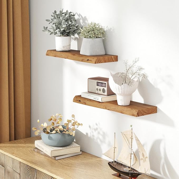 24" Floating Shelves, Live Edge Solid Elm Wood Floating Shelf, Wall Mounted Display Shelves with Heavy-Duty Bracket for Books, Rustic Wooden Shelf for Kitchen, Bathroom, Natural Color, Set of 2-CasaMuseHome