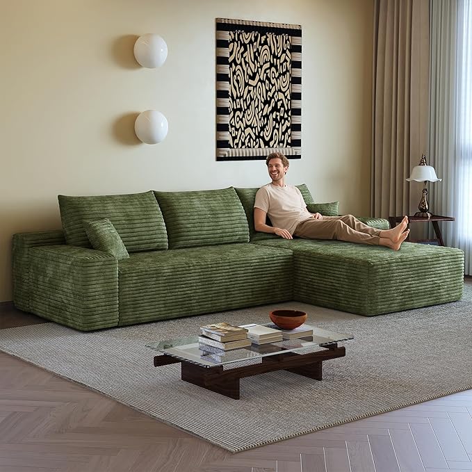108" Sectional Couches for Living Room Modern Modular Sofa with L-Shape Couchs Upholstered Boneless Couch Deep Seat Sectional Couch with Chaise (Green, Right Facing Chaise+2Seaters)-CasaMuseHome