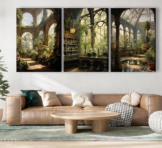 3pcs Framed William Morris Green Plants Canvas Wall Art Medieval Castle Posters Prints Gothictalian Landscape Painting Pictures Paintings Wall Decor for Living Room Bathroom Bedroom Decoration-CasaMuseHome