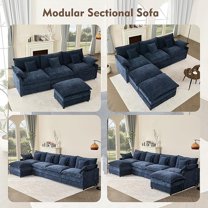 142.5" U Shaped Couch, Modular Sectional Sofa, 3-Seater Comfy Cloud Couch with Movable Ottoman, Deep Seat Couches for Living Room, Chenille, Navy-CasaMuseHome