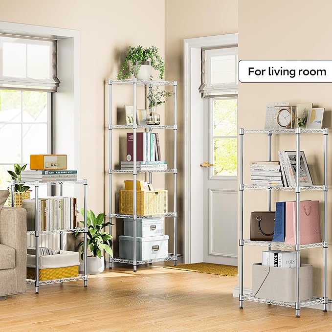 5 Tiers Shelf Metal Storage Shelves Wire Rack Closet Organizers with Wheel for Garage Kitchen Bathroom Laundry Chrome 11.8" D x 17.7" W x 55" H-CasaMuseHome