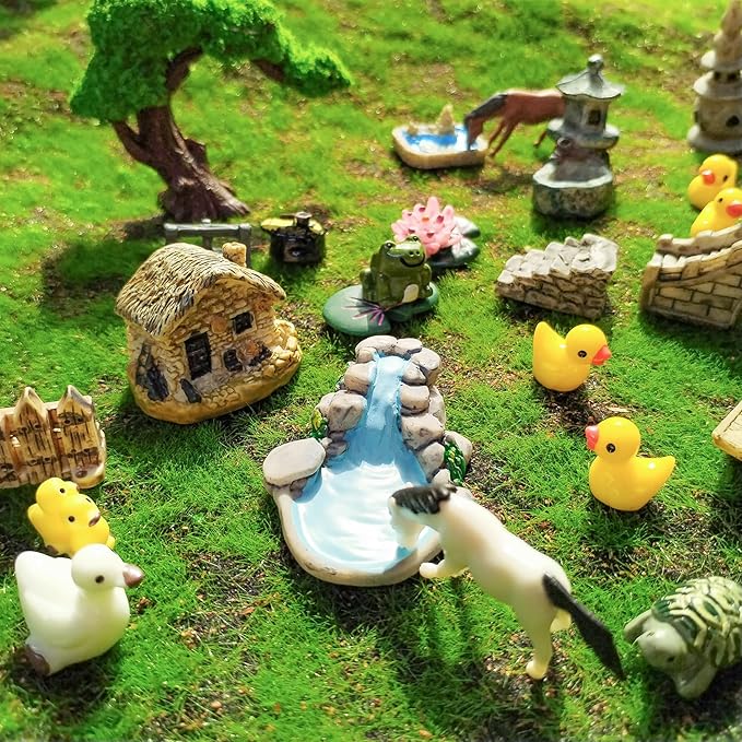 37PCS Fairy Garden Accessories, Miniature Nature Village Theme Fairy Garden Supplies for Outdoor, Mini Resin Animals House Bridge Pool Figurines Micro Landscape Succulent Plant Pots Terrarium Decor-CasaMuseHome