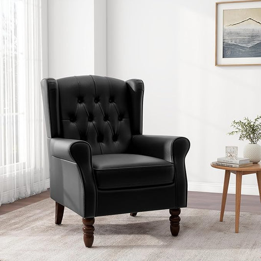 Accent Chair, Upholstered Armchair with Button Tufted High Back & Solid Wood Legs, Comfy Wingback Reading Single Sofa Chair for Small Spaces, Living Room, Bedroom (Leather Black, Set of 1)-CasaMuseHome