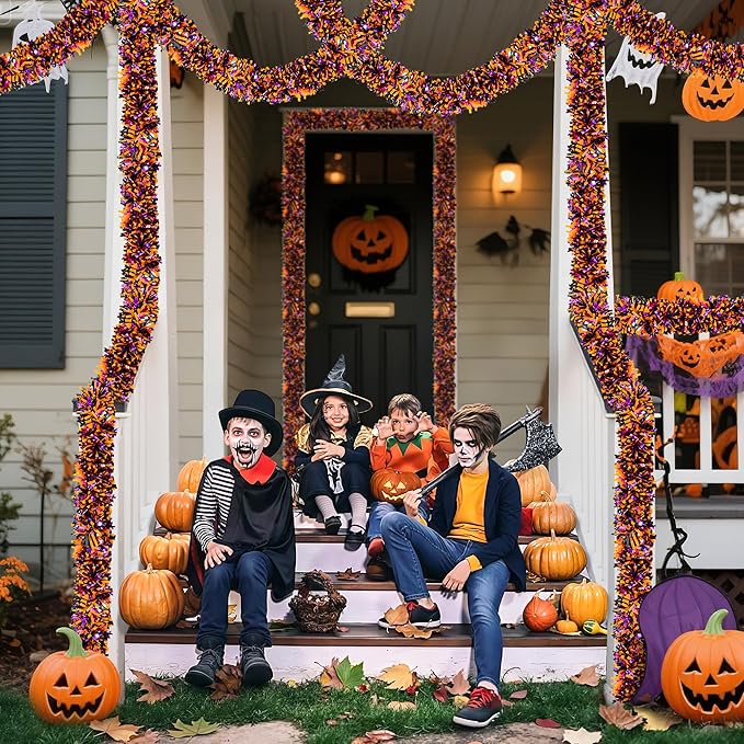 50FT Halloween Decorations Tinsel Garland, Orange Purple Black Shiny Metallic Tinsel Twist Hanging Streamers Garland for Halloween Birthday Home Tree Banister Indoor Outdoor Party Decor Supplies-CasaMuseHome