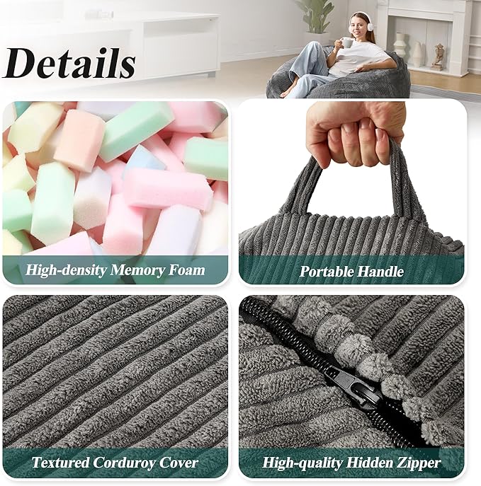 3.5FT Bean Bag Chairs Teardrop Bean Bag Chair for Adults Beanbag Chair with Memory Foam Filled Machine Washable Cover for Living Room, Bedroom (Large,Grey)-CasaMuseHome