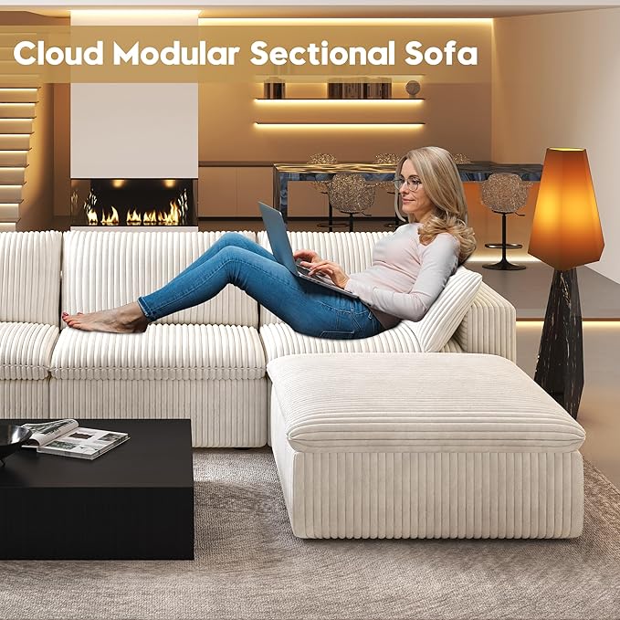 157.5" L Shaped Modern Sofa Modular Sectional Cloud Couch with Ottoman,Deep Seat Upholstered Couches with Corduroy Fabric for Living Room Furniture,Bedroom and Apartment,No Assembly Required,White-CasaMuseHome