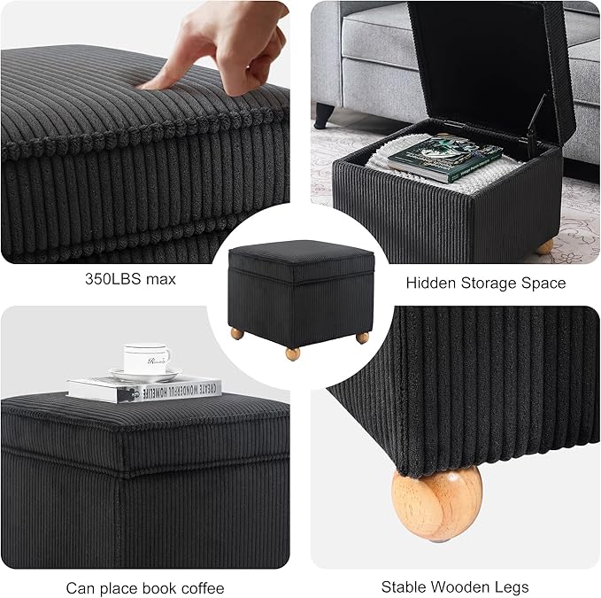 Adeco 17 Inch High Striped Flannel Black Cube Ottoman Storage, 3D Embossed Velvet Chair Foot Stools, Upholstered Vanity Stool with Hinged Lid, Solid Round Wood Legs-CasaMuseHome