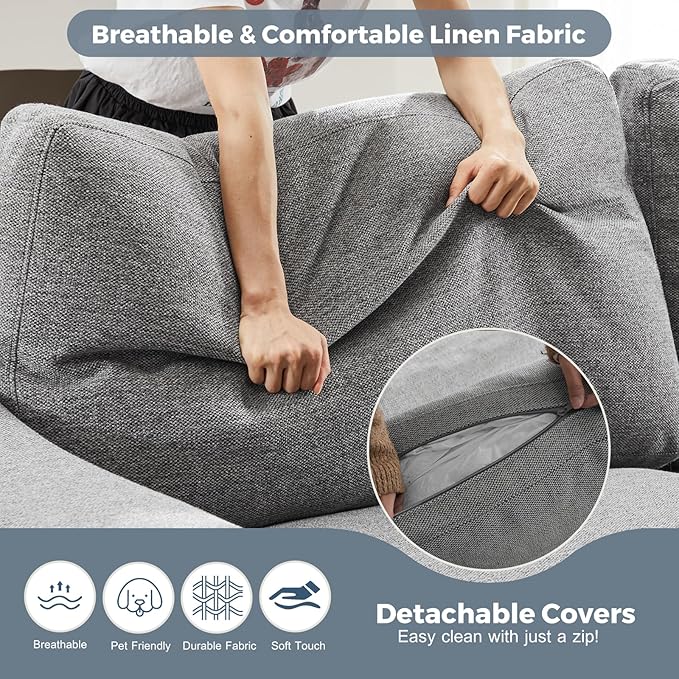 112" L Shaped Sectional Sofa with Detachable Sofa Cover, Reversible Sectional Modular Couch for Living Room, Linen Fabric Corner Couch with 7 Seats, Grey-CasaMuseHome