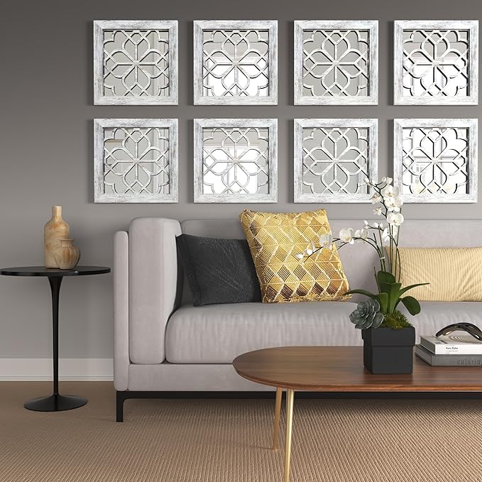4pcs Farmhouse Wall Mirror with Carved Floral Design -Rustic Mirror Decor for Home, 12x12 inch(Grey)-CasaMuseHome