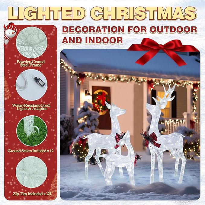 4.5FT Lighted Reindeer Family Set for Christmas Decoration, 3 Pieces Pre-Lit Iridescent Deer Xmas Decor with 200 LED Lights, 3D Glittered Standing Holiday Display for Outdoor, Indoor, White-CasaMuseHome