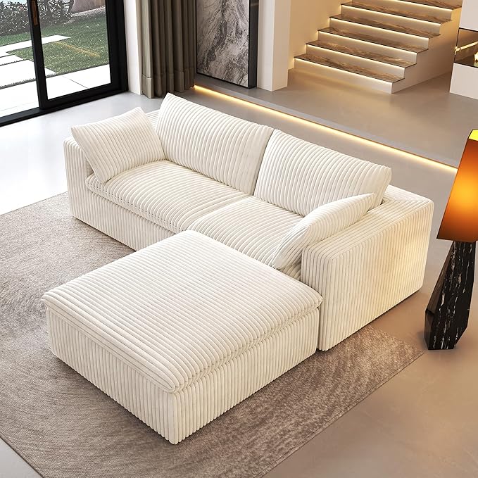 78.74" L Shaped Modern Sofa Modular Sectional Cloud Couch with Ottoman,Upholstered Couches with Plush Corduroy Fabric for Living Room Furniture,Bedroom and Apartment,No Assembly Required,White-CasaMuseHome