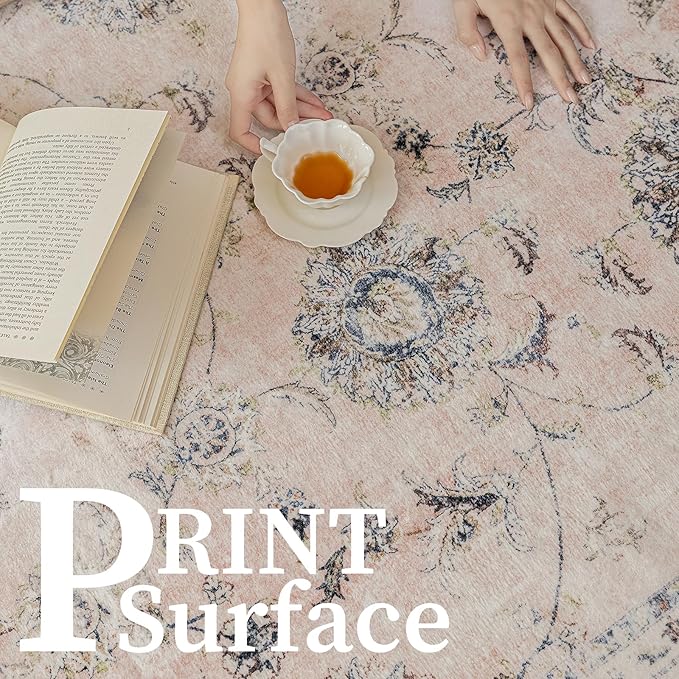 4'x4' Vintage Floral Rug - Persian Inspired Low-Pile Faux Wool Area Rug, Non-Slip Washable Round Rug for Bedroom, Nursery, Dorm, Soft Pink Boho Chic Decor-CasaMuseHome