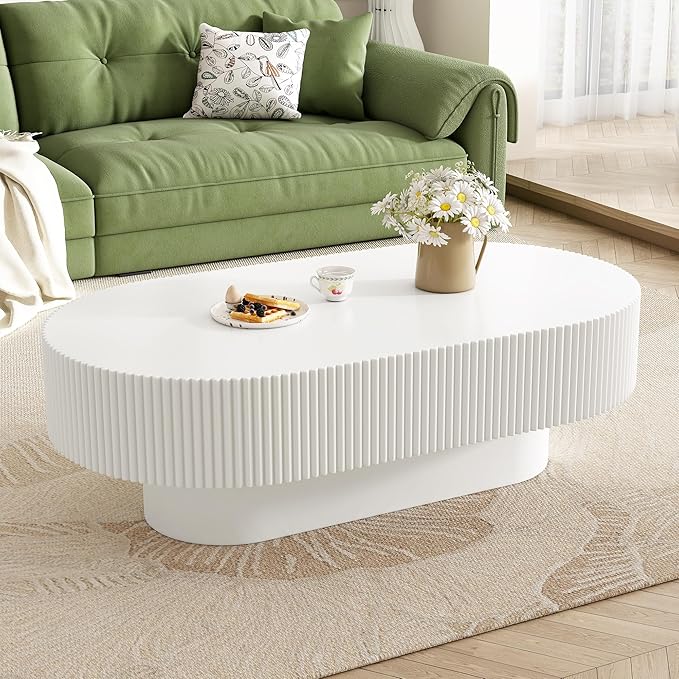 43.3" Oval Fluted Coffee Table Modern Elegant Drum End Table, Minimalist Center Table 7.8" Thick Tabletop with Sturdy Base for Living Room, Bedroom, Apartment,Easy Assembly, White-CasaMuseHome