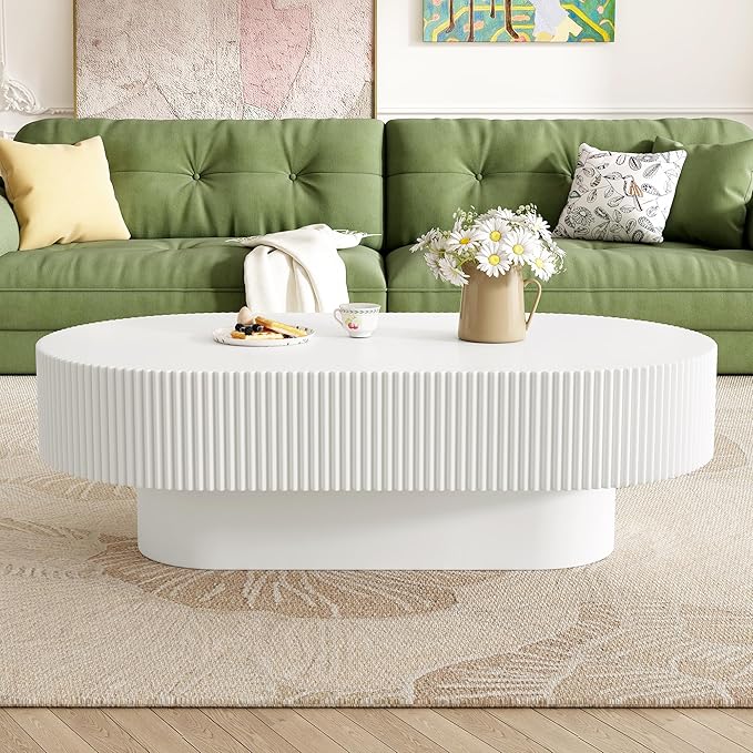 43.3" Oval Fluted Coffee Table Modern Elegant Drum End Table, Minimalist Center Table 7.8" Thick Tabletop with Sturdy Base for Living Room, Bedroom, Apartment,Easy Assembly, White-CasaMuseHome