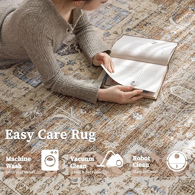 6'x9' Area Rug - Vintage Persian Medallion Design Low-Pile Faux Wool Rug, Non-Slip Backing, Machine Washable, for Living Room, Dining Room, Bedroom (Brick Red)-CasaMuseHome