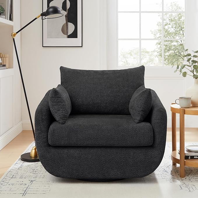 360° Swivel Accent Armchair, 39.3" Oversized, Sherpa Boucle Fabric Sofa Chair with Removable Back & Arm Pillows, Swivel Chair with Cozy Soft Padded, No Assembly Required (1, Dark Gray)-CasaMuseHome