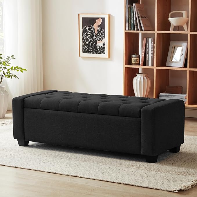 48" Ottoman with Storage, Black Storage Ottoman Bench with Safety Hinge, Upholstered Entryway Bench with Seating for Bedroom, Living Room, Holds up to 330 lb-CasaMuseHome