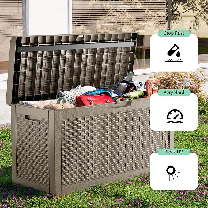 60 Gallon Resin Deck Box, Lockable Outdoor Storage Box for Patio Cushions Storage Furniture,Garden Tools, Pool Supplies, Weatherproof and UV Resistant (Grey Rattan)-CasaMuseHome