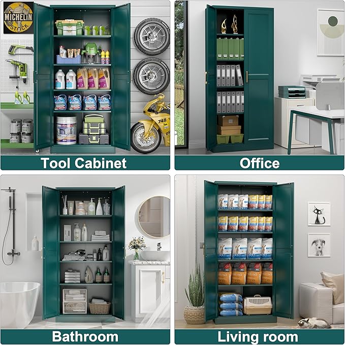 71" Storage Cabinet, Metal Pantry Cabinet, Kitchen Pantry Storage Cabinets with Doors and 4 Shelves, Cabinets for Laundry Room, Living Room, Dinning Room, Assembly Required, Green-CasaMuseHome