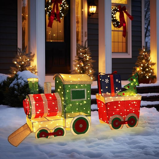 5FT Light-Up Christmas Train Decor with 170 LED Lights, 3D Pre-Lit Train Set with Gift Box and Christmas Tree for Xmas Decoration, Freestanding Glittered Holiday Display for Outdoor, Indoor-CasaMuseHome