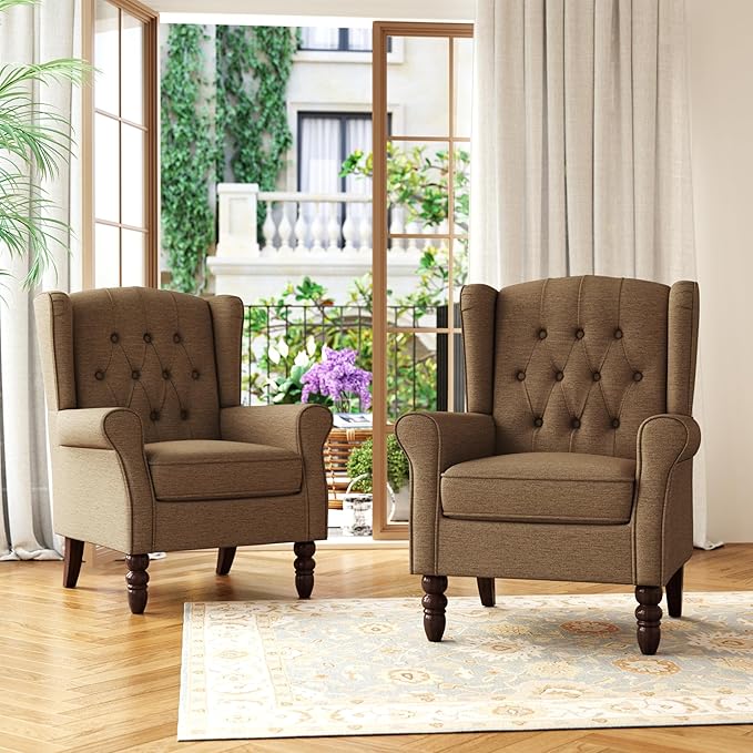 Accent Chair, Upholstered Armchair with Button Tufted High Back & Solid Wood Legs, Comfy Wingback Reading Single Sofa Chair for Small Spaces, Living Room, Bedroom (Brown, Set of 2)-CasaMuseHome