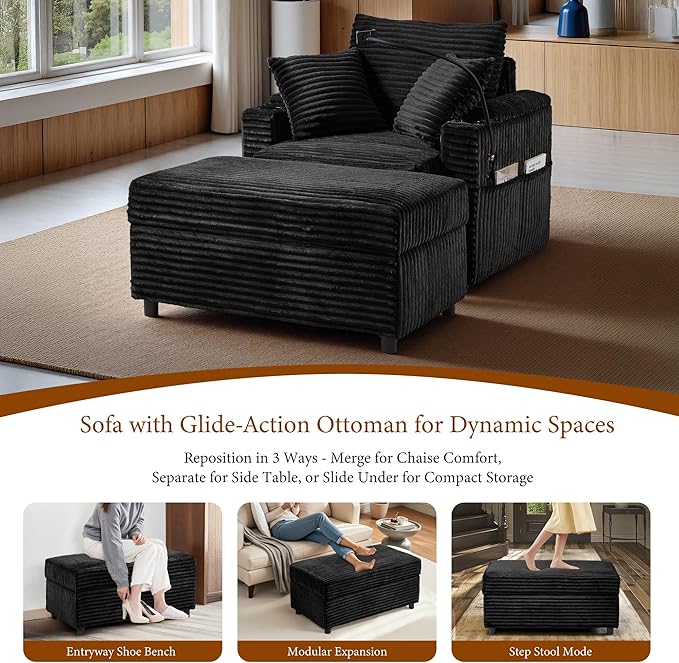 Accent Chair with Storage Ottoman Upholstered Living Room Chairs for Reading Chair with Chaise Lounge Chairs Indoor, Comfortable Armchair for Bedroom-CasaMuseHome