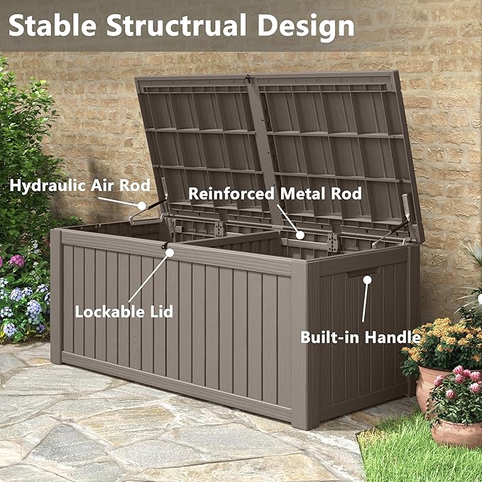 150 Gallon Resin Deck Box, Large Indoor and Outdoor Storage Box, Weatherproof and UV Resistant Outdoor Storage Box with Built-in Steel Beams for Patio, Cushions, Pool Supplies-CasaMuseHome