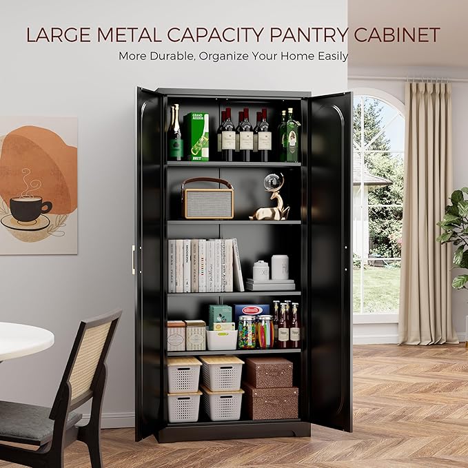 71" Tall Metal Pantry Cabinet with 4 Adjustable Shelves and Gold Handles Heavy-Duty Steel Storage for Kitchen, Dining Room or Office-CasaMuseHome