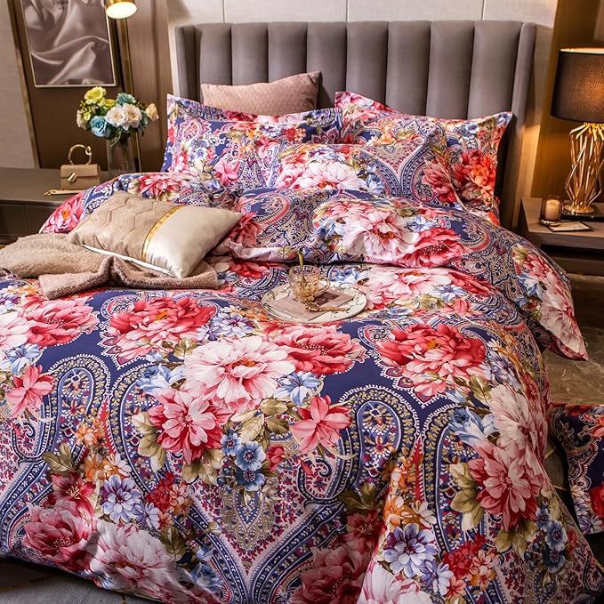 ABREEZE Colorful Floral Duvet Cover Queen 100% Cotton Flower Duvet Cover 3 Piece Set 1 Multi-Colored Damask Paisley Duvet Cover with Zipper Ties 2 Pillowcases Luxury Soft Peony Print Bedding Set-CasaMuseHome