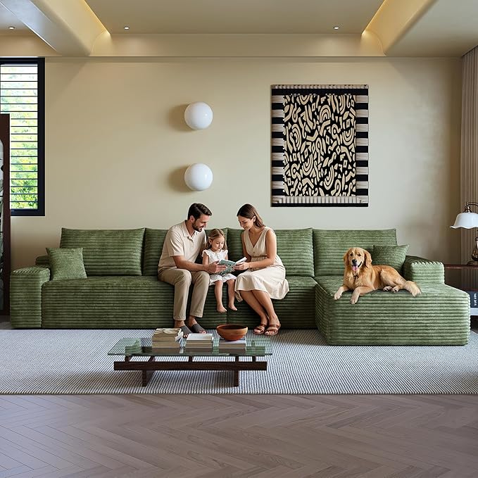 136" Sectional Couches for Living Room Modern Modular Sofa with L-Shape Couchs Upholstered Boneless Couch Deep Seat Sectional Couch with Chaise (Green, Right Facing Chaise+3Seaters)-CasaMuseHome