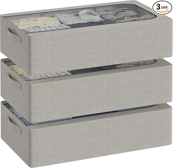 3PCS Under Bed Storage Bins with Metal Frame, Linen Fabric Frame Storage Box Clothes Organizer Bins, Underbed Container with Clear Window (Light Grey, 15.7 x 13 x 6IN)-CasaMuseHome