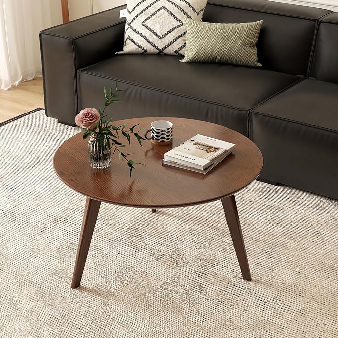 100% Solid Oak Wood Mini Coffee Table, Round Side Table w/Solid Wood Legs, Walnut Mid Century Coffee Table w/Sturdy Frame for Bedroom Balcony Living Room (29.53" D x 17.72" H)-CasaMuseHome