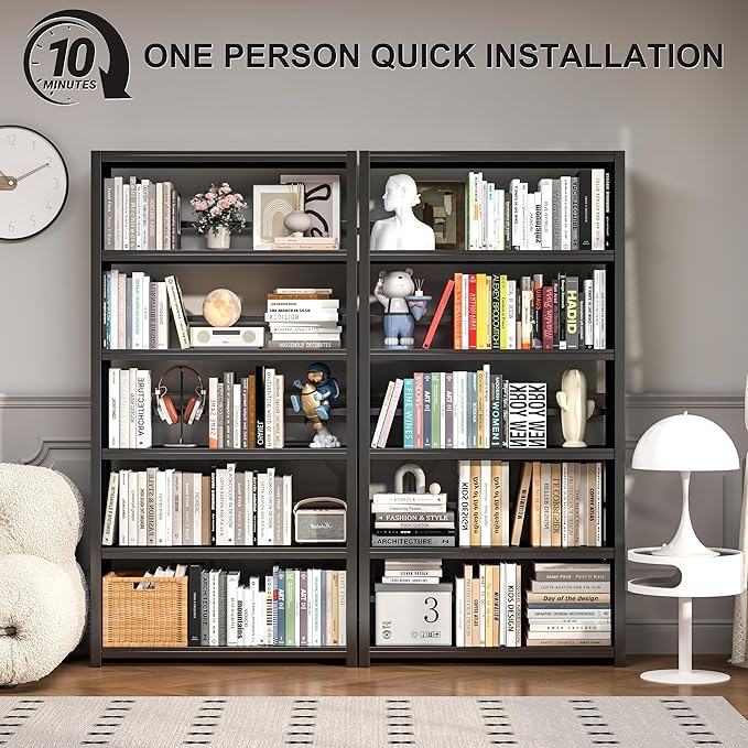 5 Tier Book Shelf, Metal Bookshelf, 69.3” Tall Black Bookcase, Free-Standing Industrial Bookshelves, Tools-Free Assembly Book Storage Organizer for Bedroom, Living Room, Office (Black)-CasaMuseHome