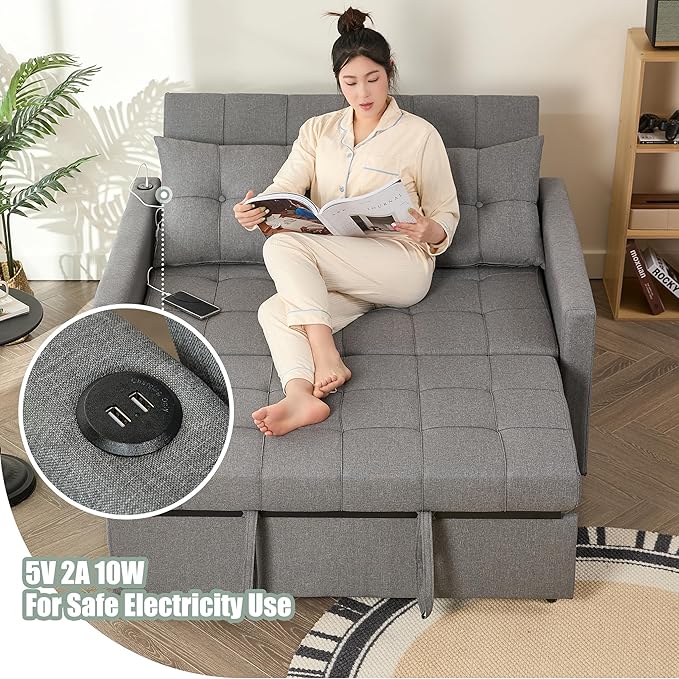 52" Sleeper Sofa with Pull-Out Bed, 3-in-1 Convertible Sofa Bed, Loveseat with Stepless Adjustable Backrest and Side Pocket, for Living Room Dorm Apartment, Linen, Light Gray-CasaMuseHome