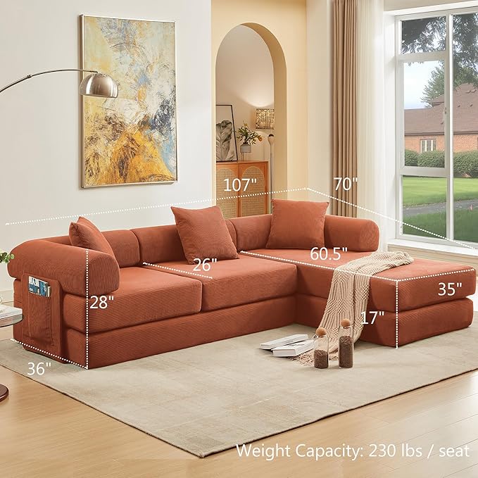 107" Oversized Convertible Sleeper Sofa Bed, Corduroy L Shape Sectional Couch, Folding Sofa Bed with Side Pocket, Modern Cloud Floor Mattress Couch, Modular Sofa for Living Room, Orange-CasaMuseHome