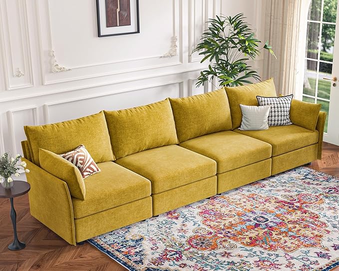 134.6" Modular Sectional Sofa, Oversized 4 Seater Couch with Removable Yellow Chenille Fabric Cover, Deep Seat & High Backrest for Living Room, Office & Apartment-CasaMuseHome