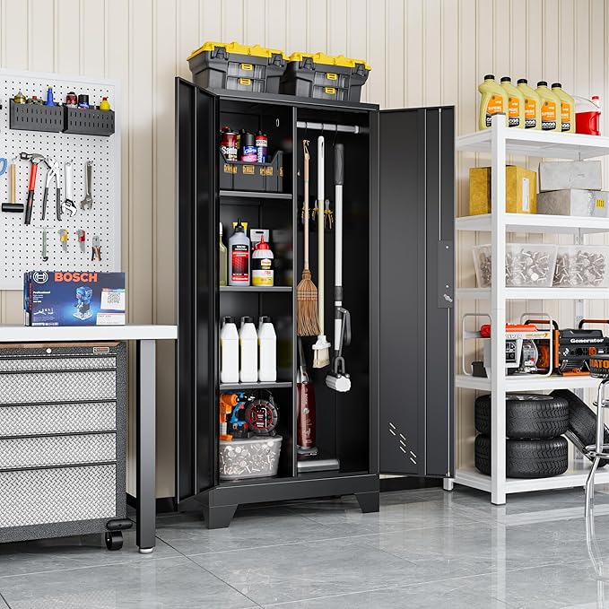 61" Broom Closet Storage Cabinet, Metal Storage Cabinet with Doors, Utility Cabinets for Brooms and Mops, Cleaning Tool Cabinets for Garage, Laundry Room, Bathroom-CasaMuseHome