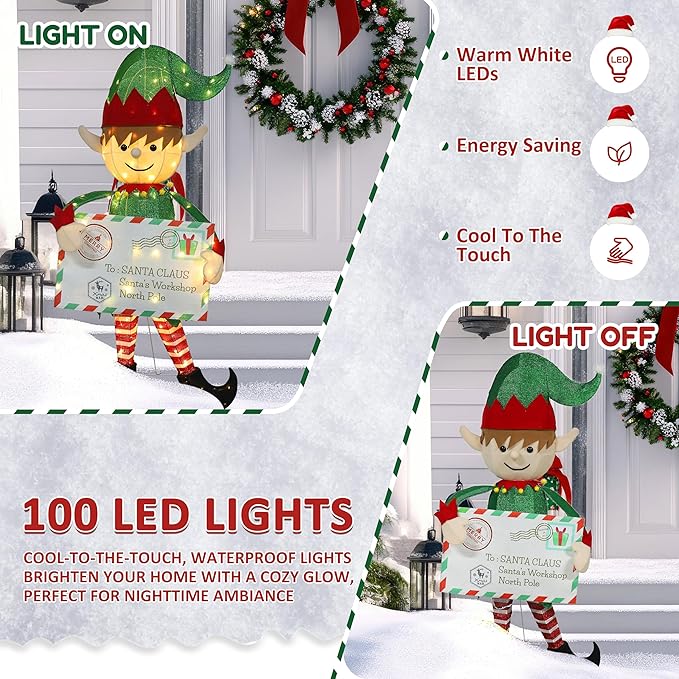 4.8FT Lighted Elf with Envelope Outdoor Christmas Decoration, 3D Pre-Lit Elf Decor with 100 LED Lights for Christmas, Freestanding Glittered Holiday Display for Outdoor, Indoor-CasaMuseHome