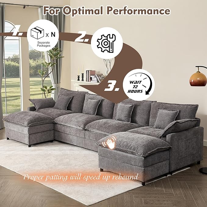 142.5" U Shaped Couch, Modular Sectional Sofa, 3-Seater Comfy Cloud Couch with Movable Ottoman, Deep Seat Couches for Living Room, Chenille, Slate-CasaMuseHome
