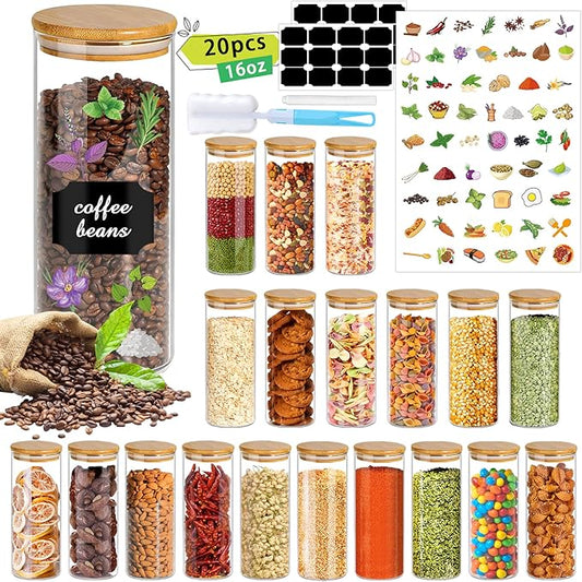 16 oz 20 pcs Glass Jars with Bamboo Lids, Stackable Clear Food Storage Jars, Airtight Kichen Glass Pantry Storage Containers with Lids for Rice, Candy, Sugar, Flour, Nuts, Cookie, Spice-CasaMuseHome