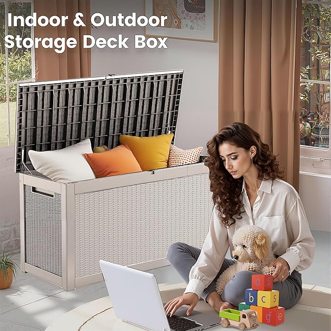 260 Gallon Storage Box, Waterproof Resin Deck Box with Steel Support & Hydraulic Rod, Lockable Storage Bench for Indoor & Outdoor Use, Storage Bin for Patio Cushions, Garden Tools, Grey-CasaMuseHome